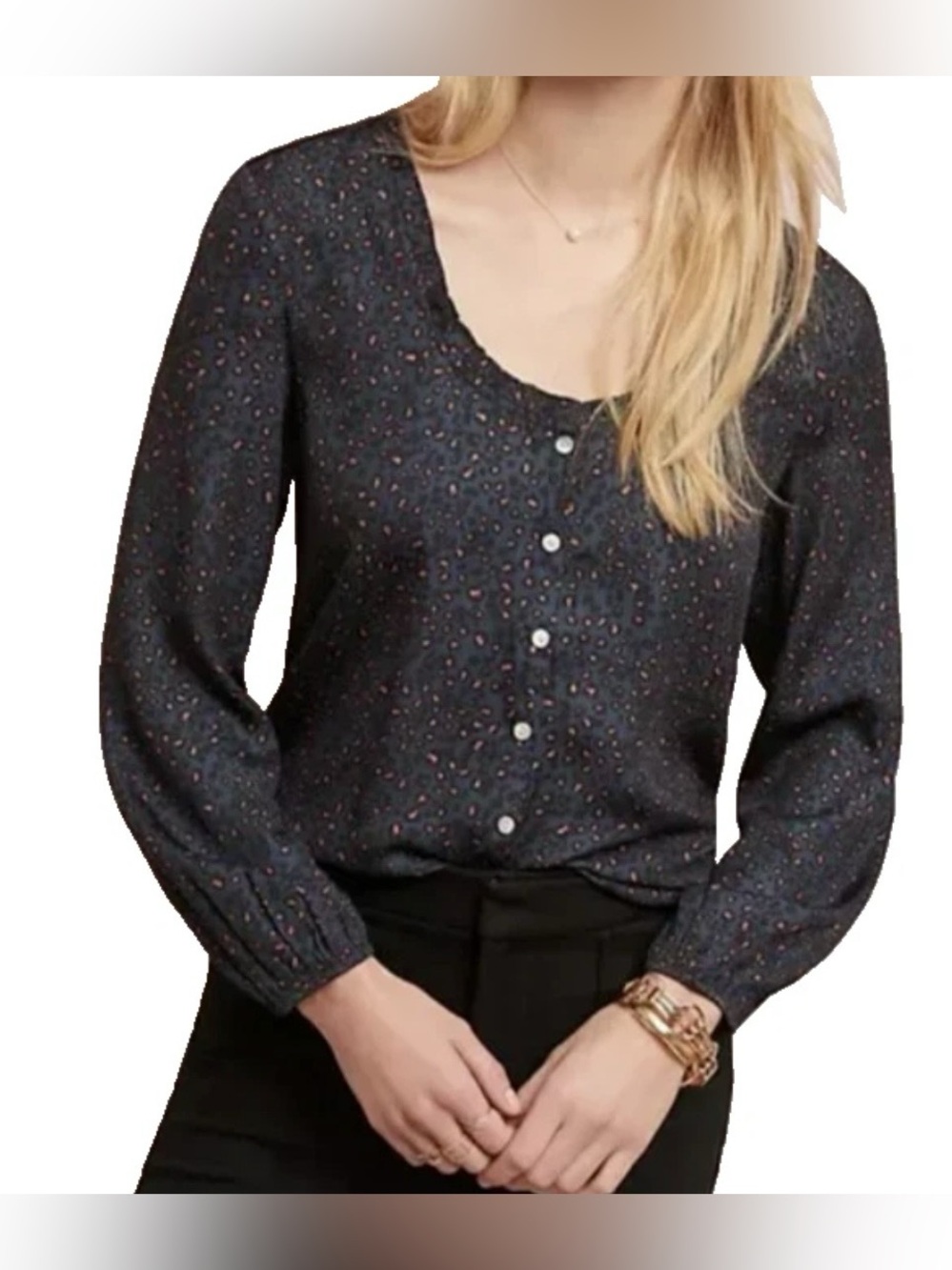 Dolan by Anthropologie Black with Navy&Orange Print Long Sleeve Blouse - Size M
